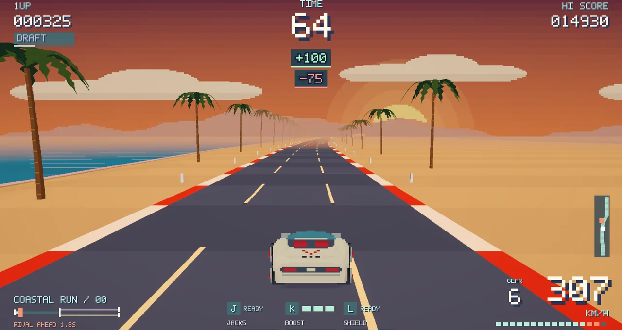 Project Mach V: the ivory Mach V races down a palm-lined coast road at sunset.