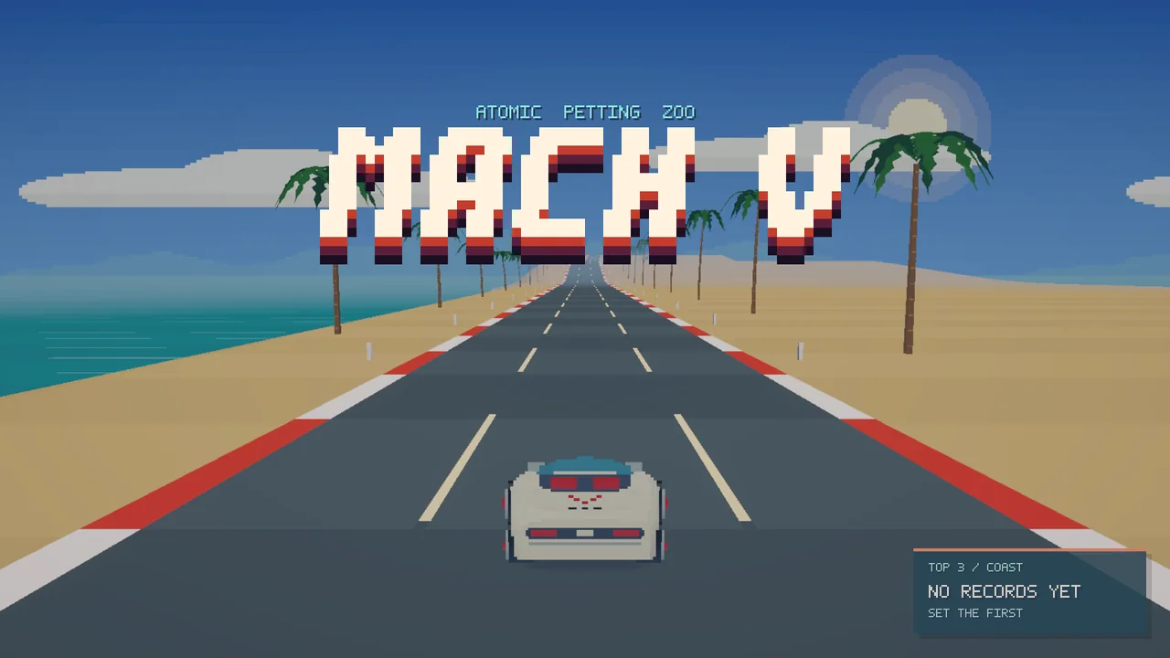 The Mach V title screen over the coast road.