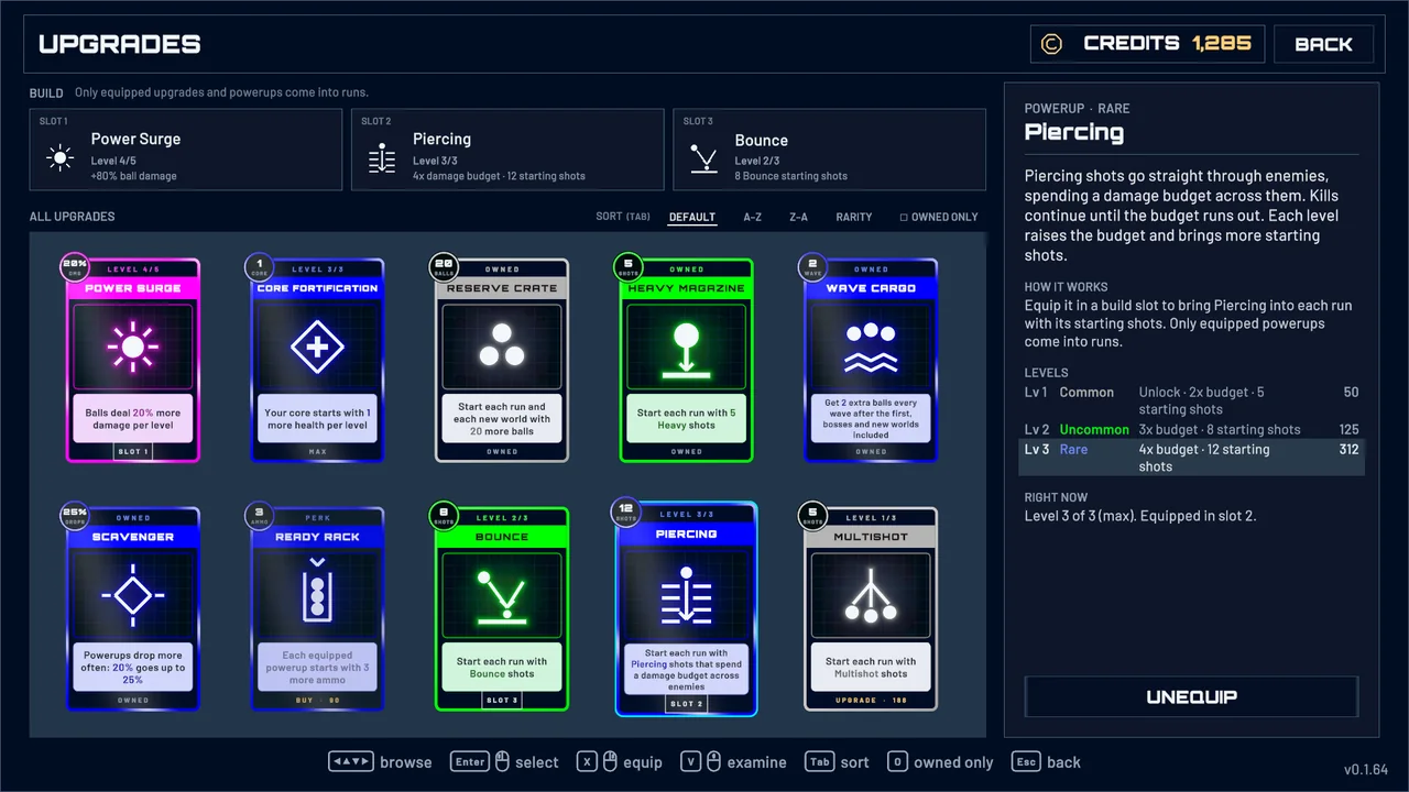 The upgrade hub, where credits buy upgrades for the next run.