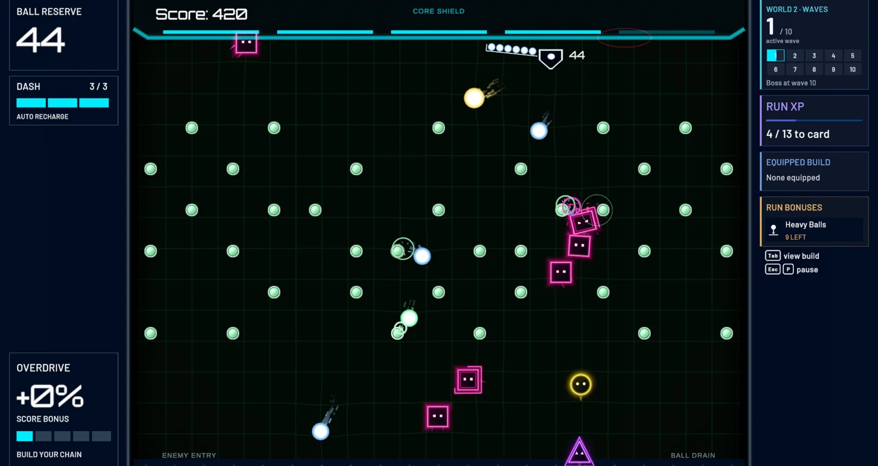 Pachinvaders gameplay: balls drop through green pegs toward pink square and yellow circle enemies, with the next balls lined up in the rack.