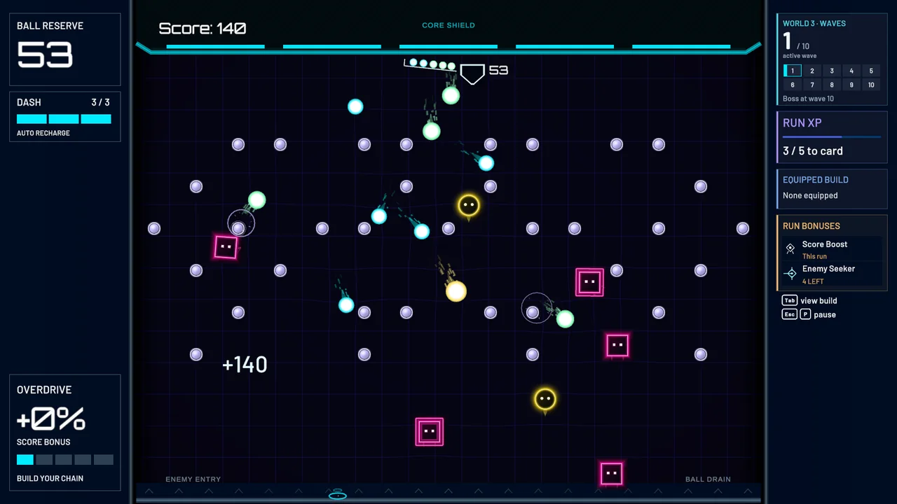 Pachinvaders World 3: balls ricochet through the pegs at a seeker enemy.